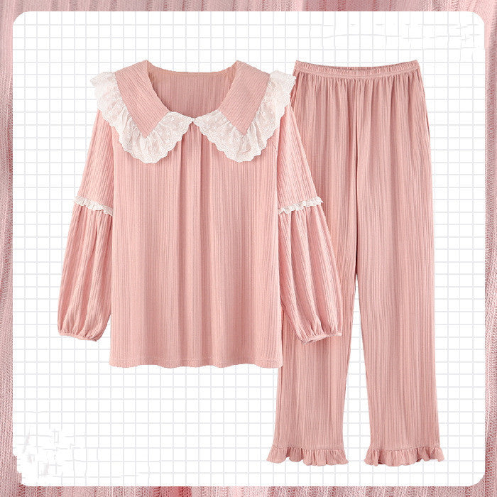 Sweet Ruffled Long Sleeve Pajama Set with Bow Detail Palace Pajamas Women Spring And Autumn Korean Style Cotton Long Sleeves