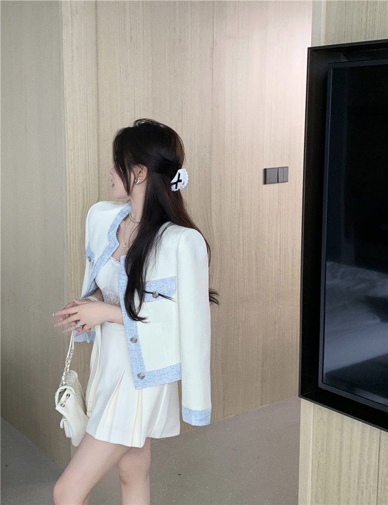 Chic Cream & Denim - Elegant Blazer Single Breasted Contrasting Korean Top