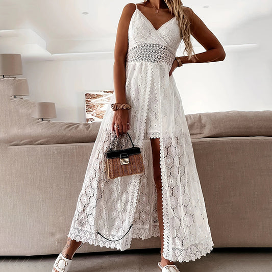 Summer Elegant Lace Jumpsuit - V-Neck Sleeveless Romper With Intricate Detailing