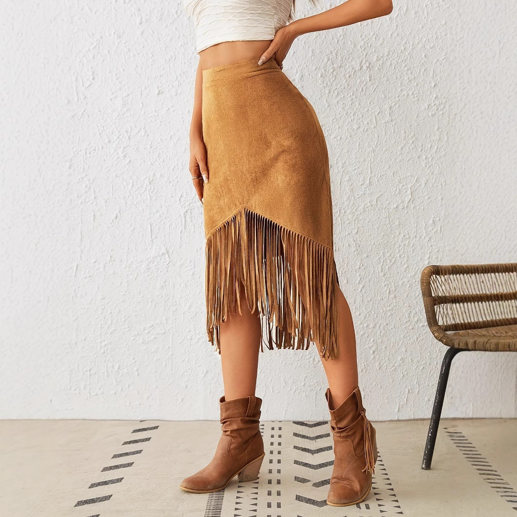 Western Style Imitation Suede Fringe High Waisted A-line Skirt For Women's