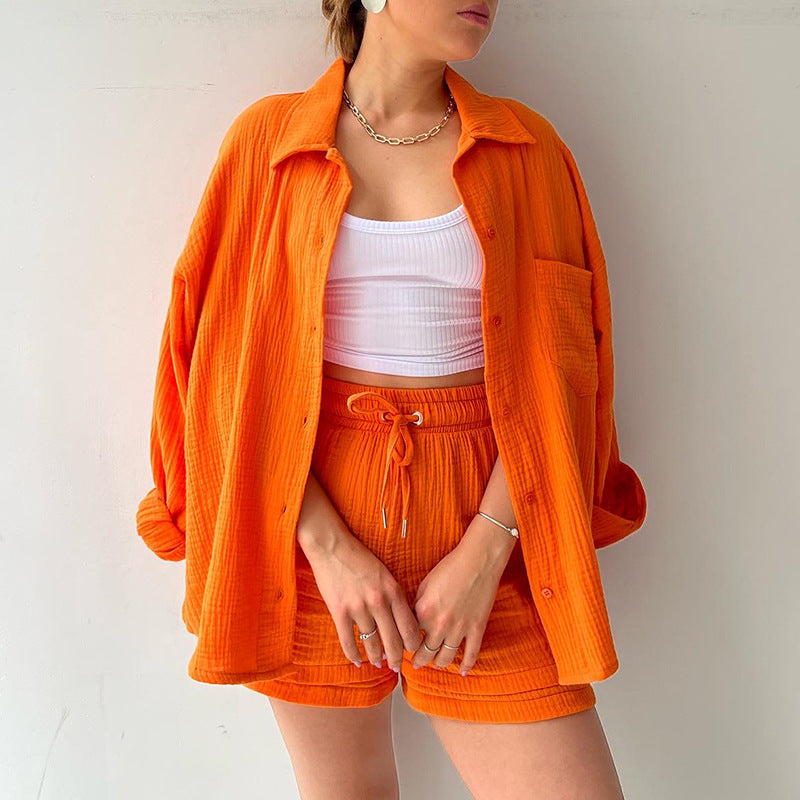 Wrinkled Fabric Lapel Long Sleeved Shirt Shorts Fashion Casual Set