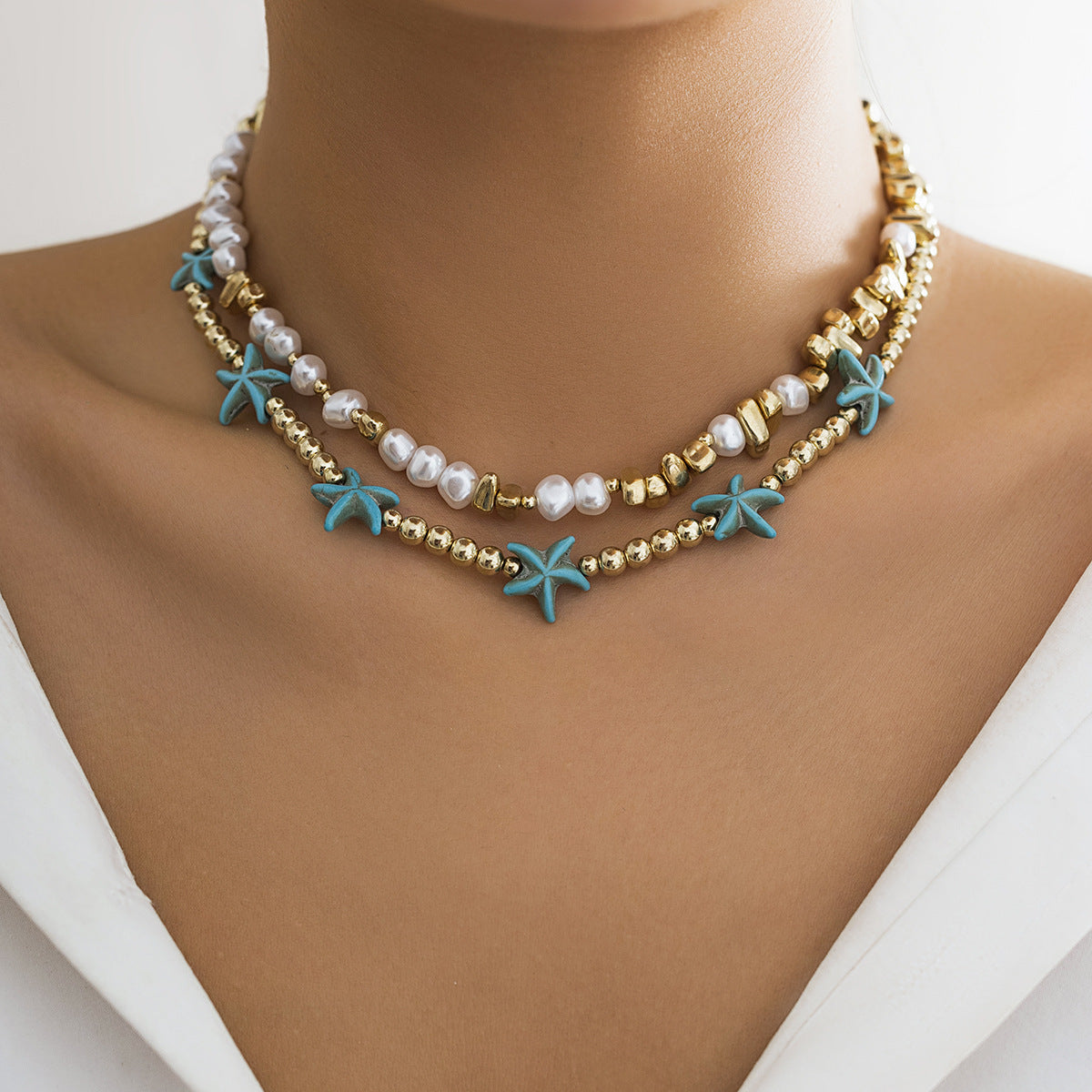 2-Layered Boho Beach Necklace – Starfish & Shell Charm Beaded Choker For Women's
