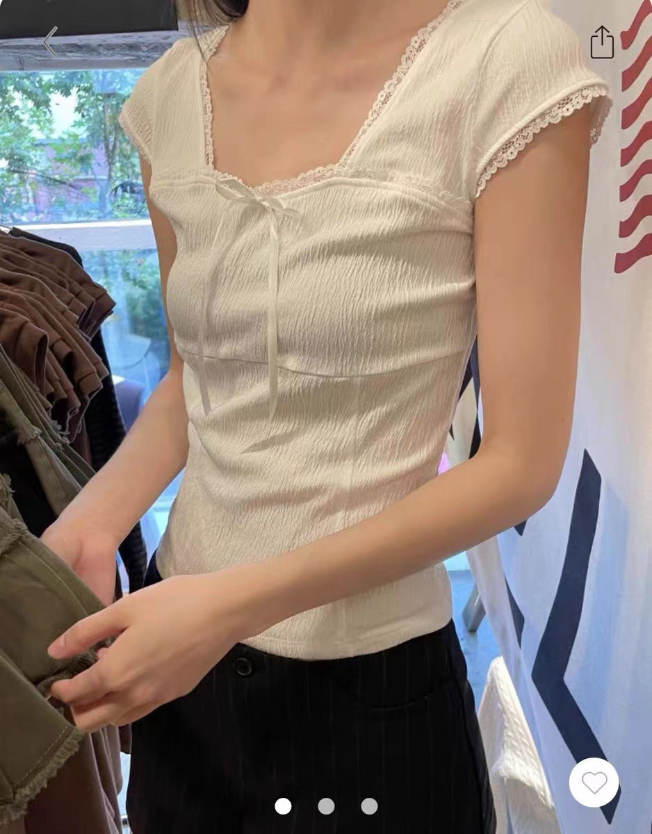 White Square-cut Collar Lace Edge Lace Bow Short Sleeve T-shirt