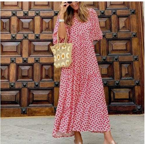 Summer Vintage Printed Bohemian Dress Elegant Ladies Casual Loose V-Neck Short Sleeve Long Dresses For Women's