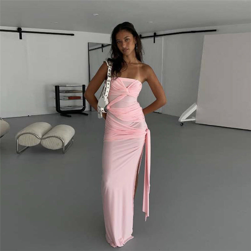 Sexy Temperament Twist Knot Backless Side Slit Tube Top Solid Color Dress