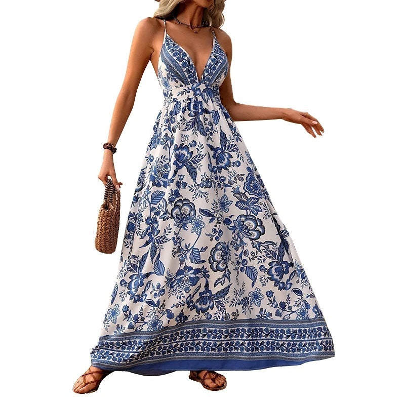 V-Neck Strappy Floral Print Backless Maxi Dress, A-Line Summer Vacation Dress