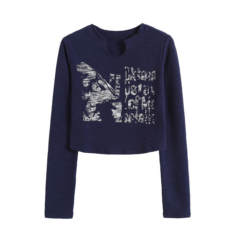 Design Crack Distressed Print Cropped Navel Slim Fit Long Sleeves