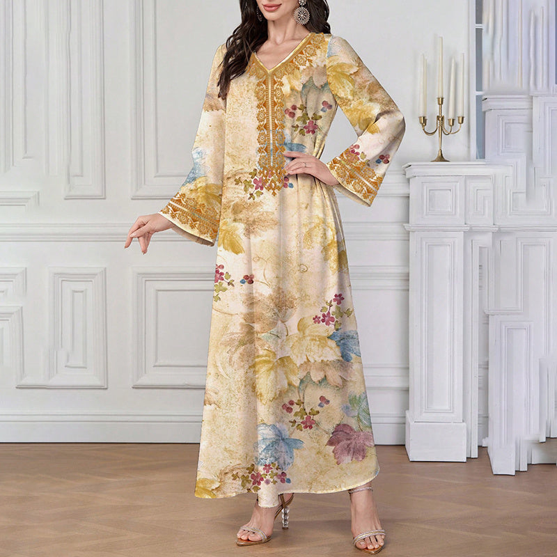 Chic Bohemian Floral V-Neck Maxi Dress, Elegant Golden Long Sleeve Loose Fit Casual Dress