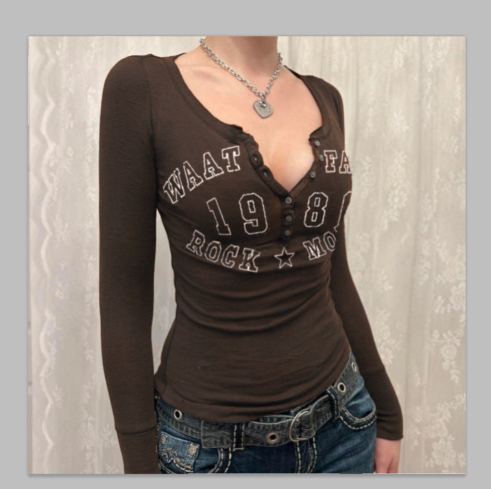 American-style Special Breasted Printed Slim Fit Long-sleeved T-shirt Bottoming Shirt