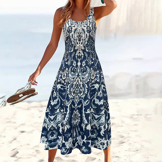 Summer Sleeveless Boho Maxi Sundress Loose, Flowy Casual Beach Midi Dress