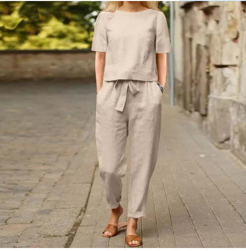 Cotton And Linen Wide-leg Pants Suit For Women's