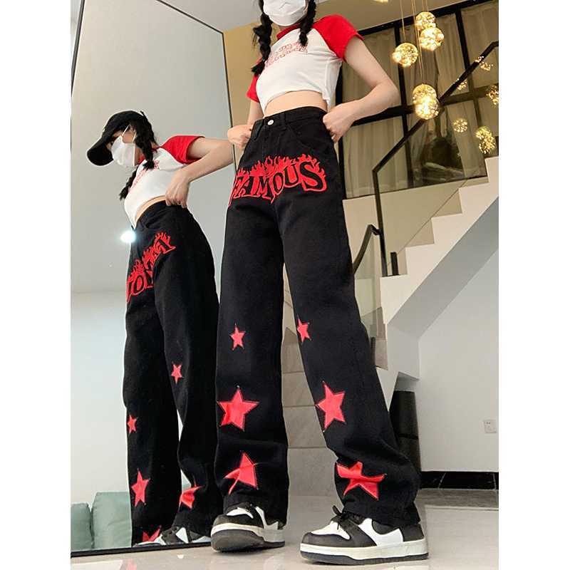 Y2K Famous Star Print Baggy Pants – Black Wide Leg Streetwear Jeans Red Star Letters Jeans For Women High Waist Casual Trousers
