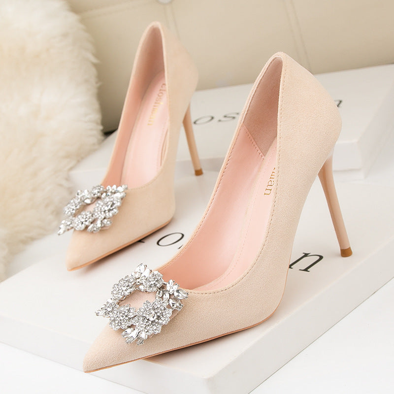 Rhinestone Buckle Pointed Toe Heels Women Pointed Toe Fashion High Heel Shoes