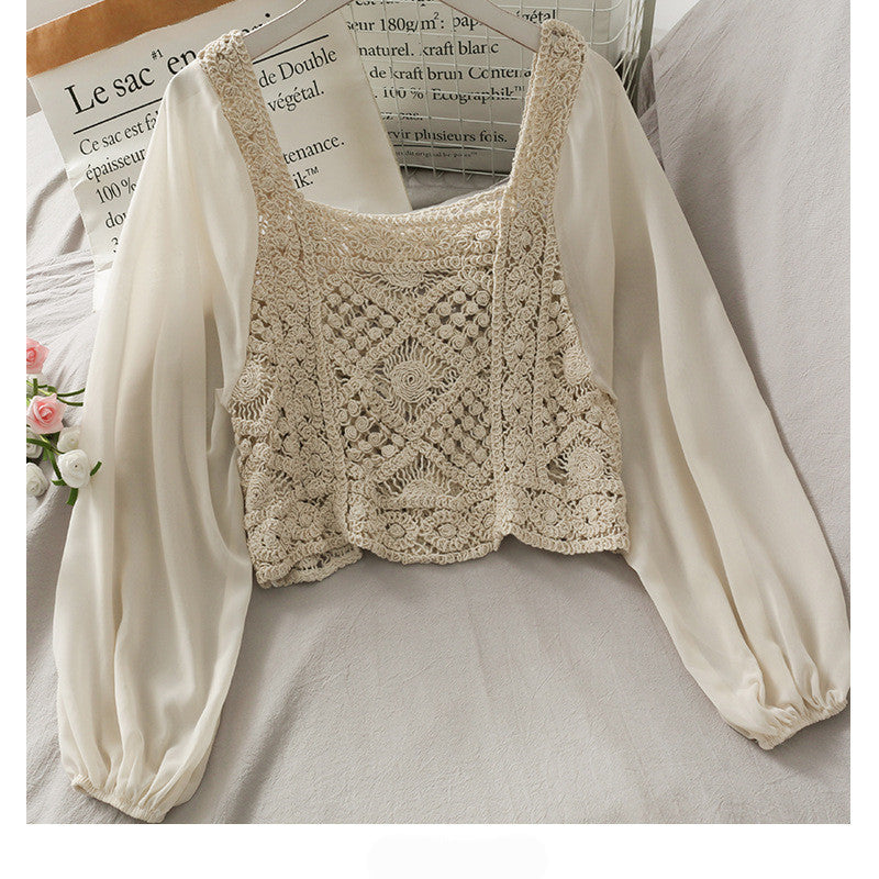 Elegant Crochet Panel Blouse | Sheer Sleeve Square Neck Top Women's Chiffon Panel Puff Long Sleeve Top