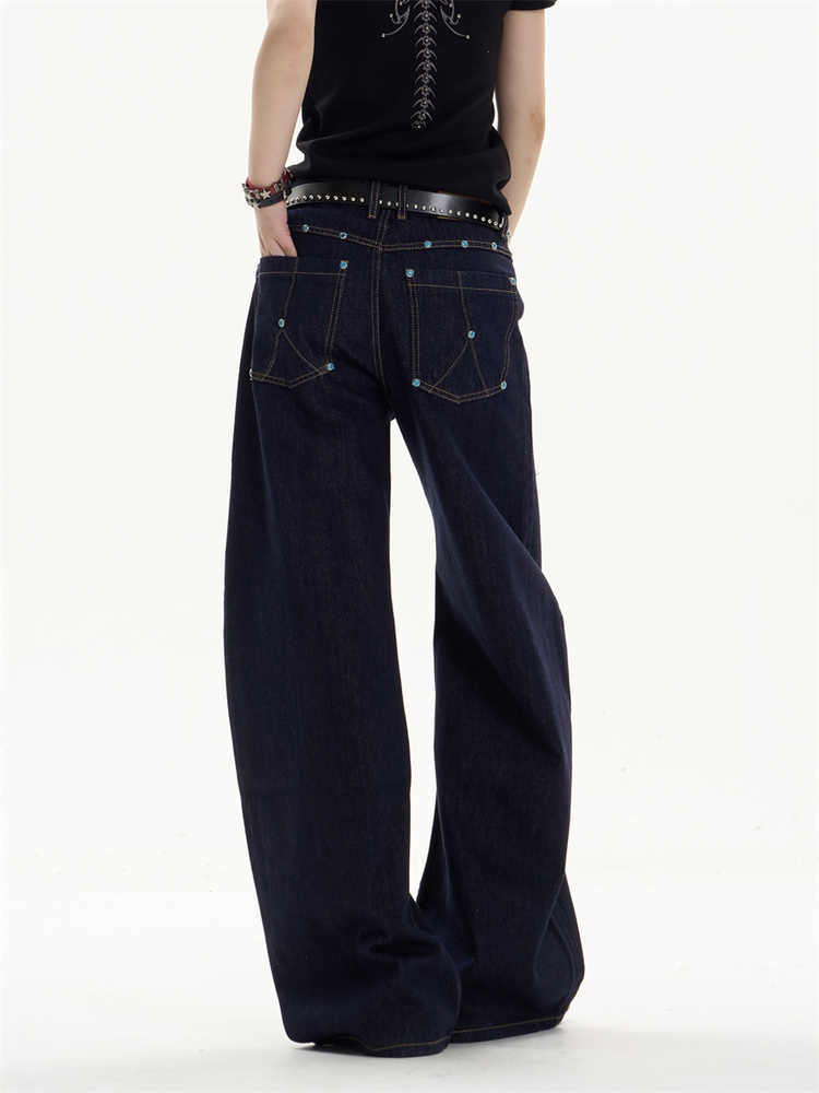 Retro Dark Blue Jeans Loose Straight Casual Wide-leg Pants