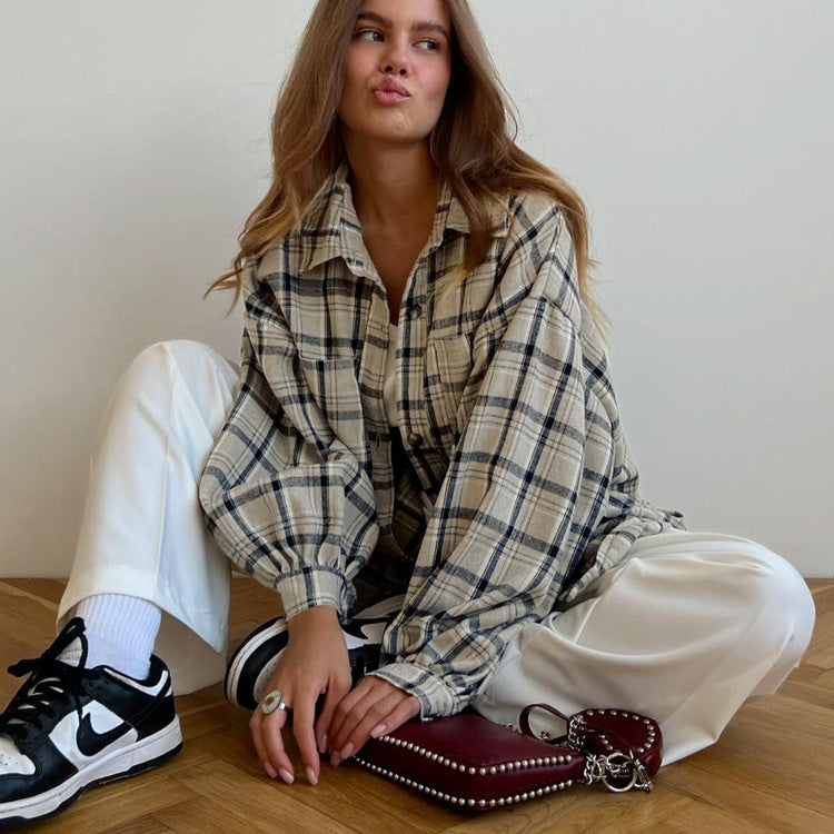 Retro Long Sleeve Pocket Plaid Boho Shirt For Women's
