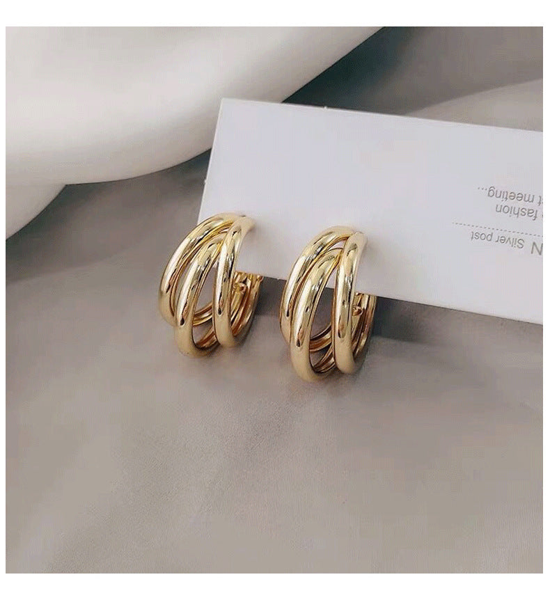 925 Silver Needle Three-dimensional Three-lap Overlapping High-grade Aesthetic Earrings