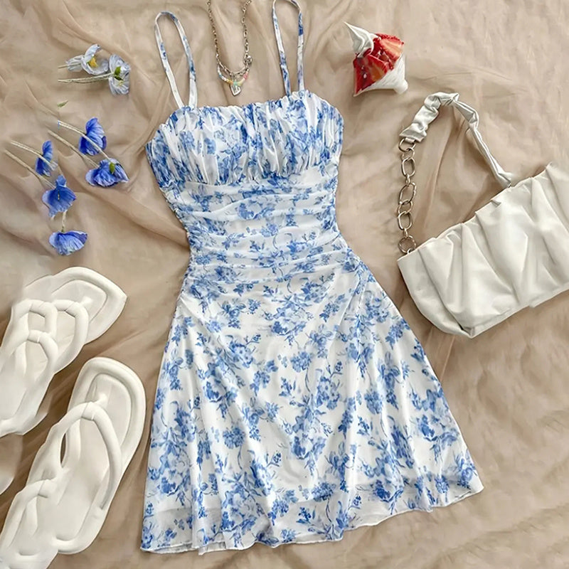 Boho Floral Print Mini Dress Spaghetti Strap Ruched Ruffle Hem Vacation Sundresses