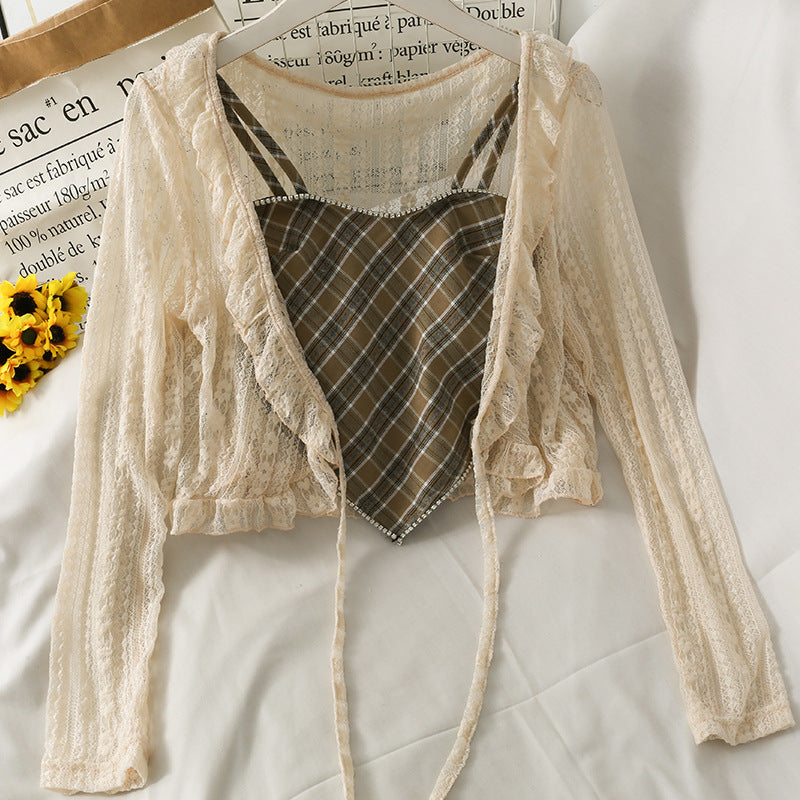 Short Bellyband Camisole Lace-up Ruffled Loose Lace Sunscreen Shirt