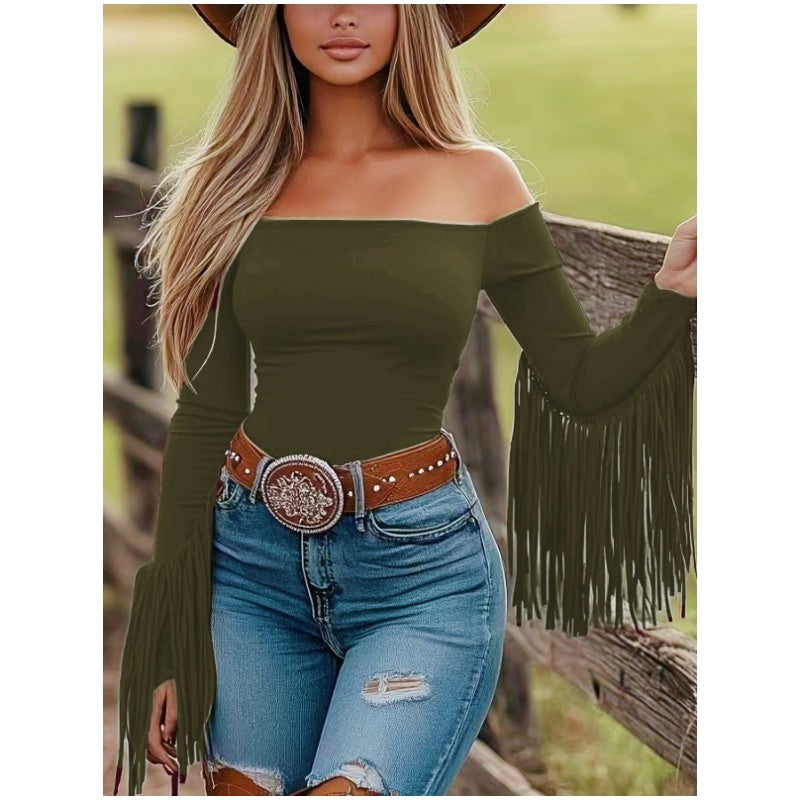 Western Cowgirl Off-Shoulder Fringe Top, Sexy Slim Fitted Long Sleeve Tassel Blouse