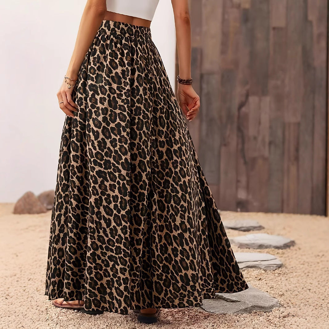 Bohemian Leopard Print High Waist Long Skirt High Waist Midi Skirt Fabric Leopard Print