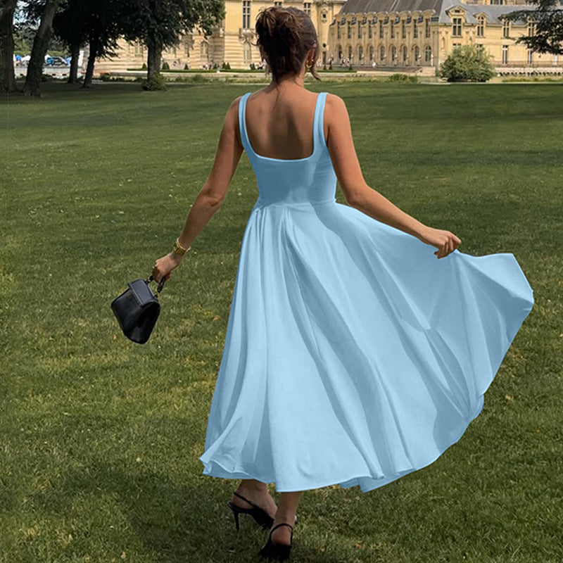 Square Collar Sleeveless Waist-slimming Long Dress Pleated Suspender