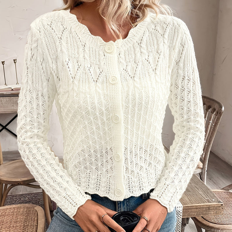 Solid Color Elegant Round Neck Cardigan Top - Button Front Openwork Knit Top For Spring&Summer