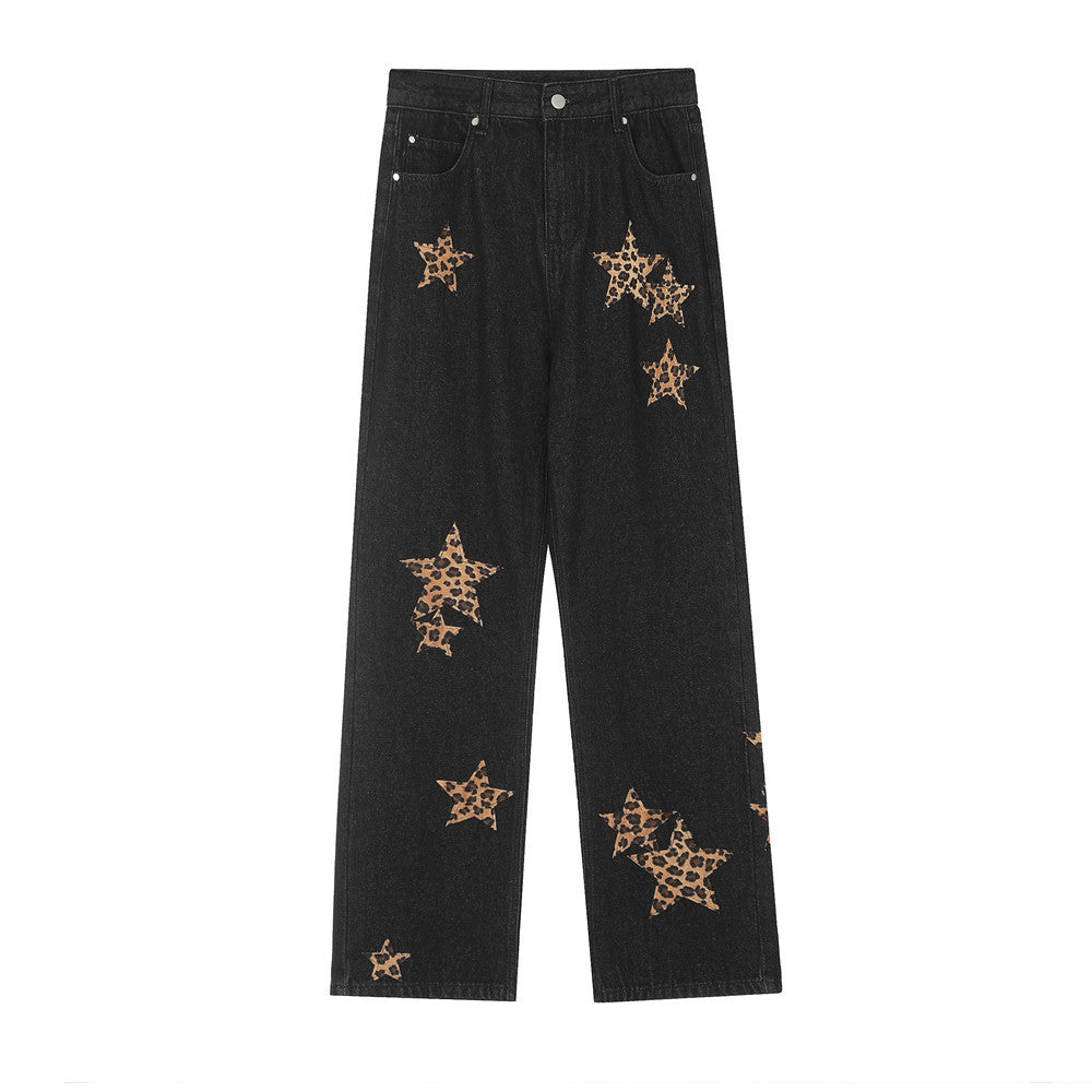 Leopard Star Patch Wide-Leg Jeans – Y2K Statement Denim Leopard Print Five-pointed Star Jeans For Men And Women