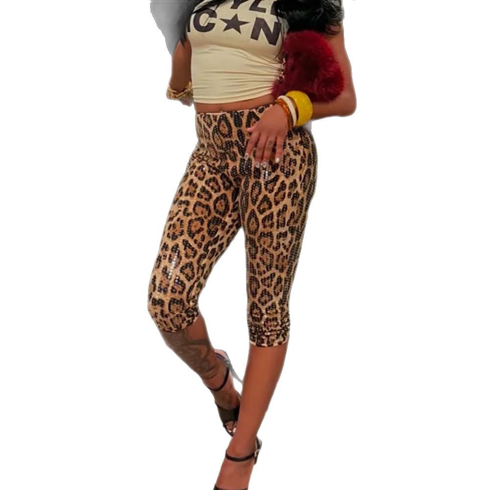 Sequined Leopard Print Elastic Waist Casual Shorts