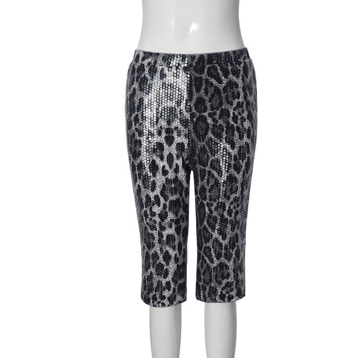 Sequined Leopard Print Elastic Waist Casual Shorts