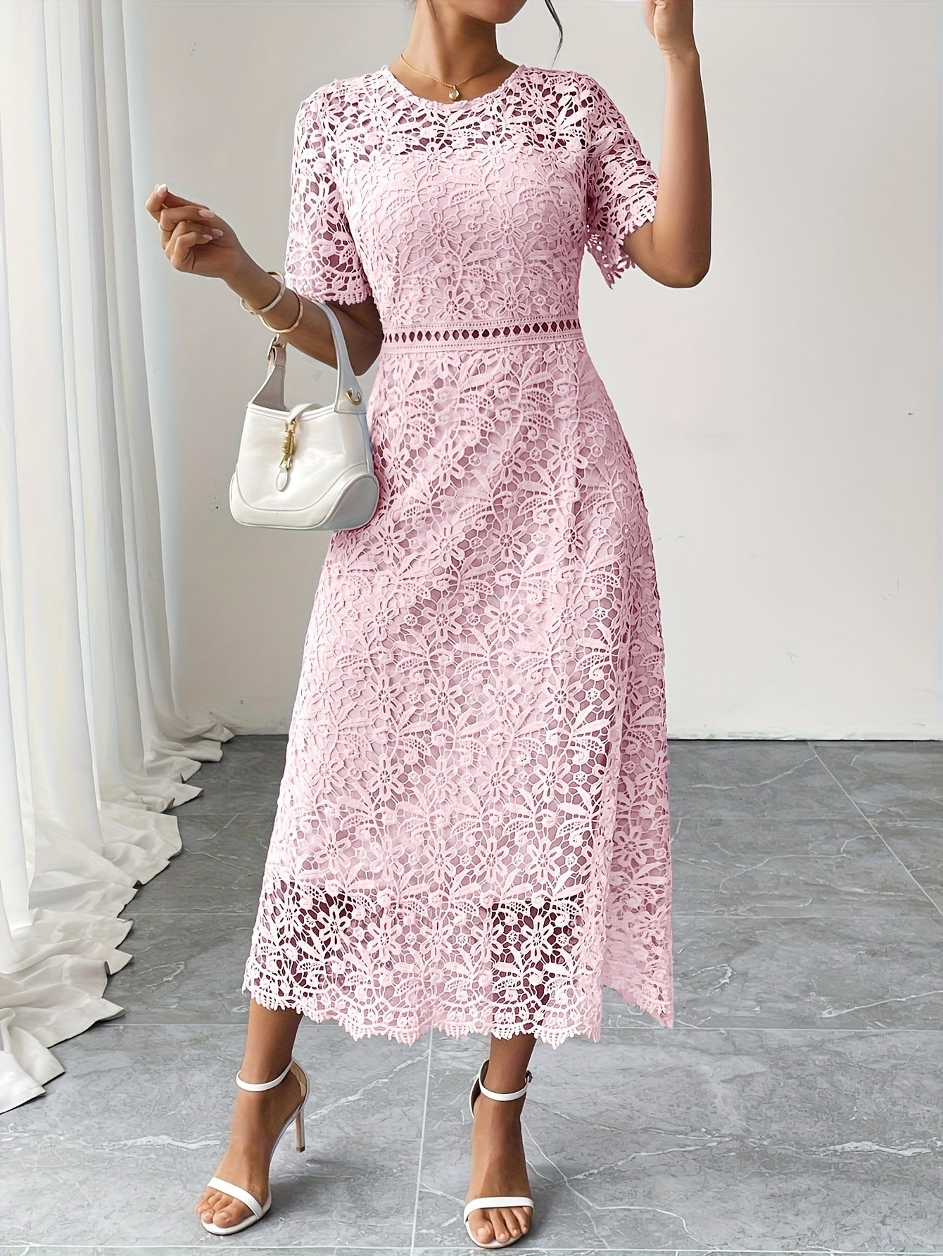 Round Neck Water Soluble Lace Short Sleeve Hollow Lace Elegant Long Dress