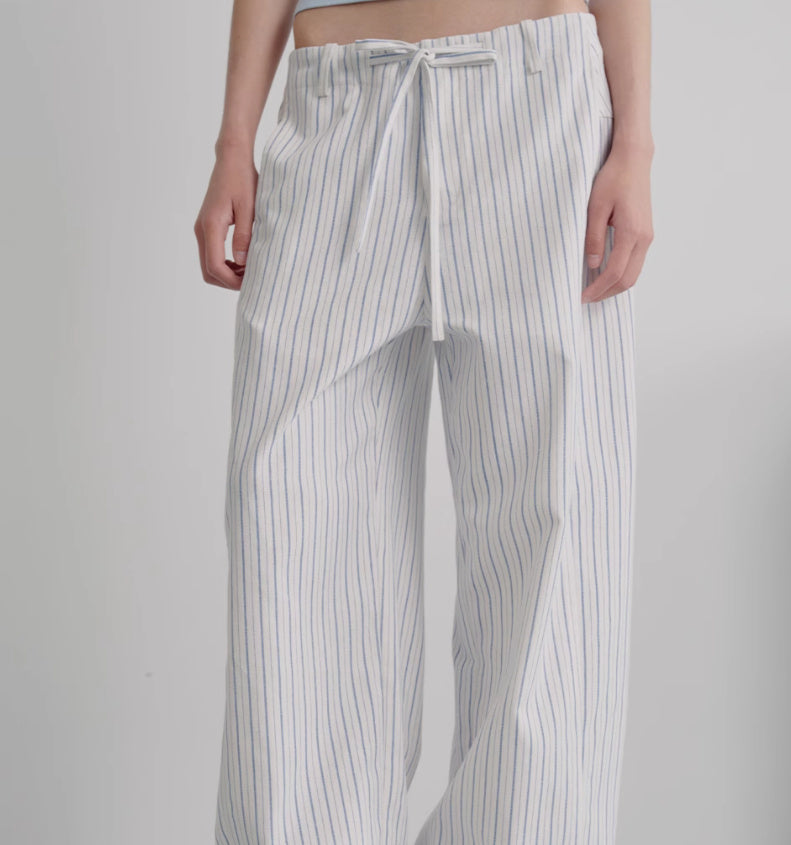 Striped Blue And White Drawstring Banana Pants