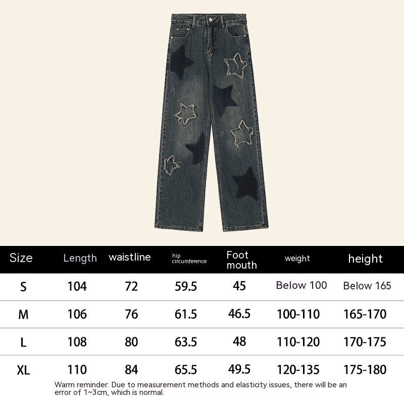 Oversized Star Patch Wide-Leg Jeans – Statement Streetwear Denim National Fashion XINGX Embroidery Washed Worn Jeans Men And Women Straight-leg Trousers