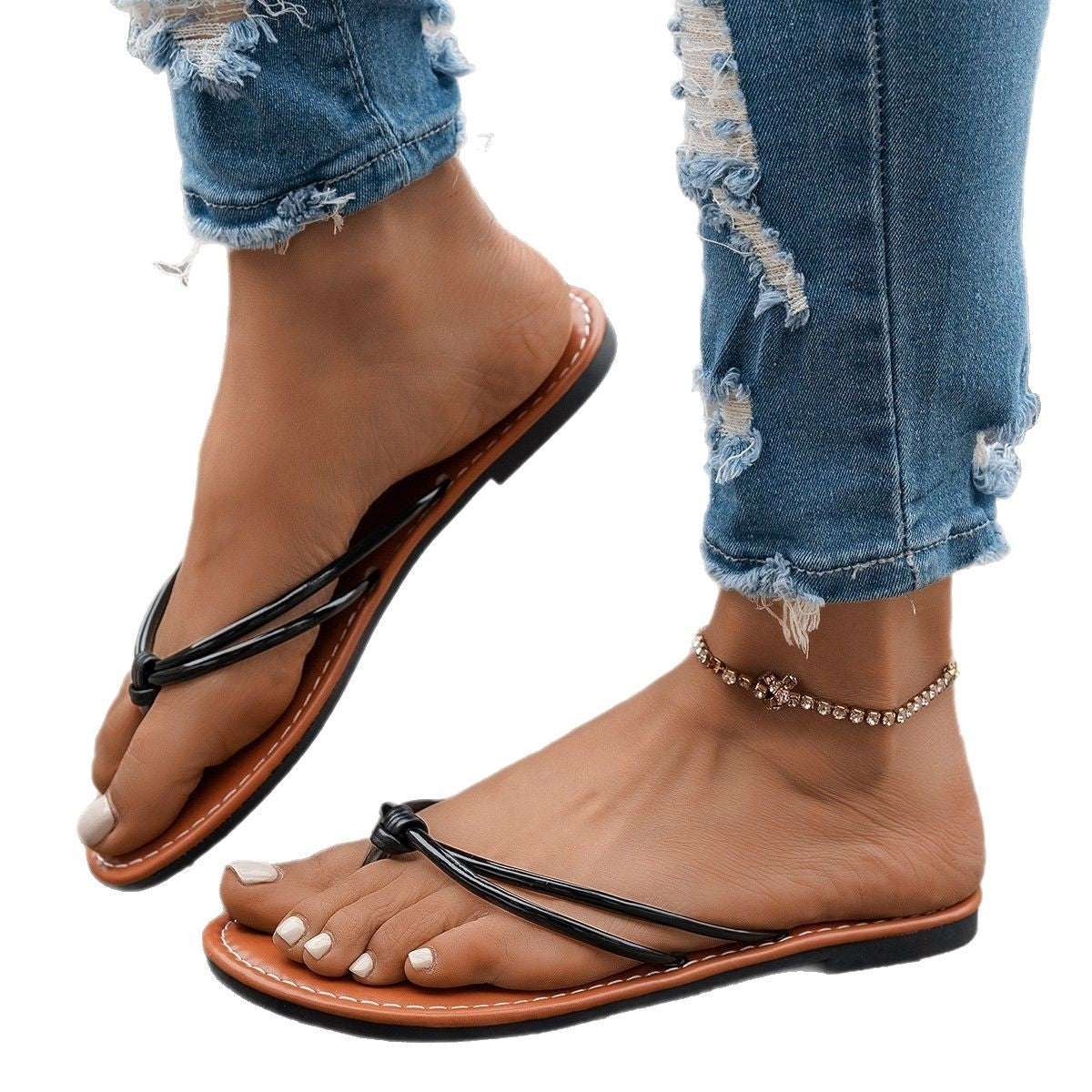 Trendy Summer Slide Sandals with Ankle Strap & Ring Accent Flat Bottom Slippers Women's Flip-flops Casual Beach Sandals