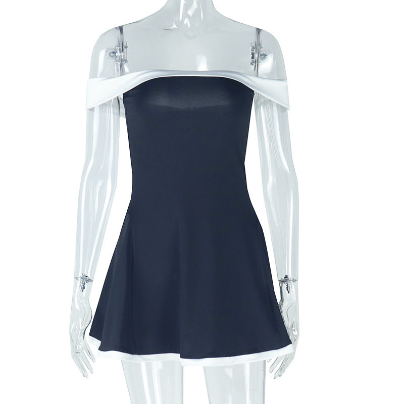 Elegant Off-Shoulder Mini Dress with White Trim Black And White Patchwork Summer Dress Y2K Trend Slash Neck Backless Sweet Girl Chic Ruched Mini Bodycon Streetwear
