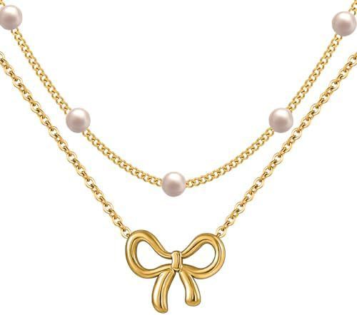 Layered Pearl & Bowknot Pendant Necklace Simple Pearl Double Layer Choker Fashion Gold Color Necklaces Chain Small Bow Pendant Necklace Jewelry Gifts For Women Fashion Jewelry Valentine's Day Gifts