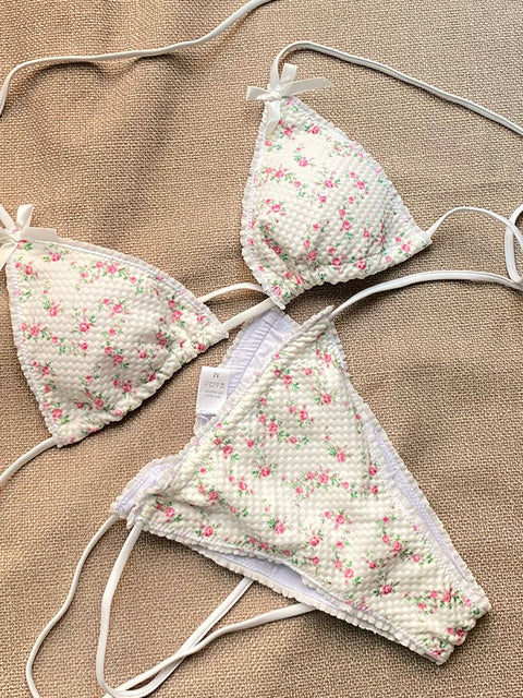 Sexy Two-Piece String Bikini with Matching Cover-Up Skirt Women Floral Swimsuit Summer Bikini Set