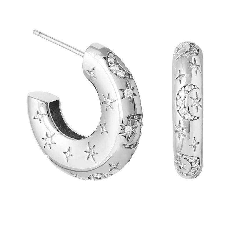 Metallic Star And Moon Earrings Female Special-interest Design Stud Earrings