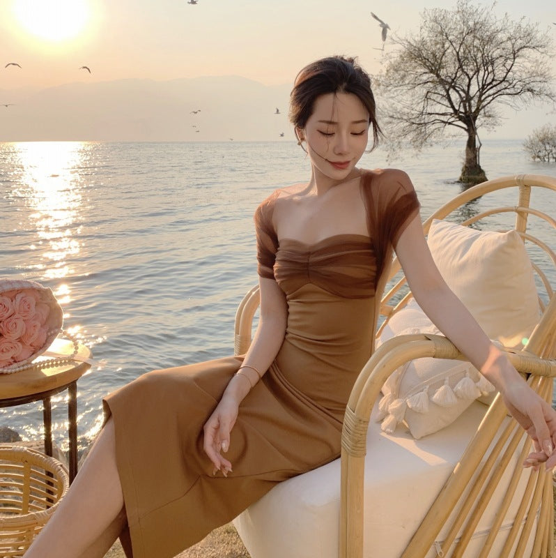 Elegant Off-Shoulder Bodycon Midi Dress Retro Niche Knitted Stitching Mesh Halter neck Dress