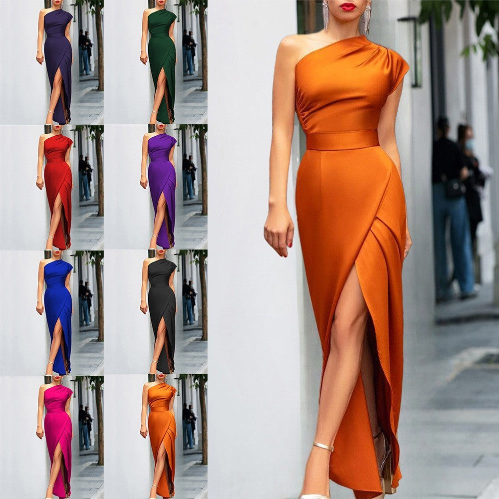 One-shoulder High Waist Front Slit Temperament Dress For Women's