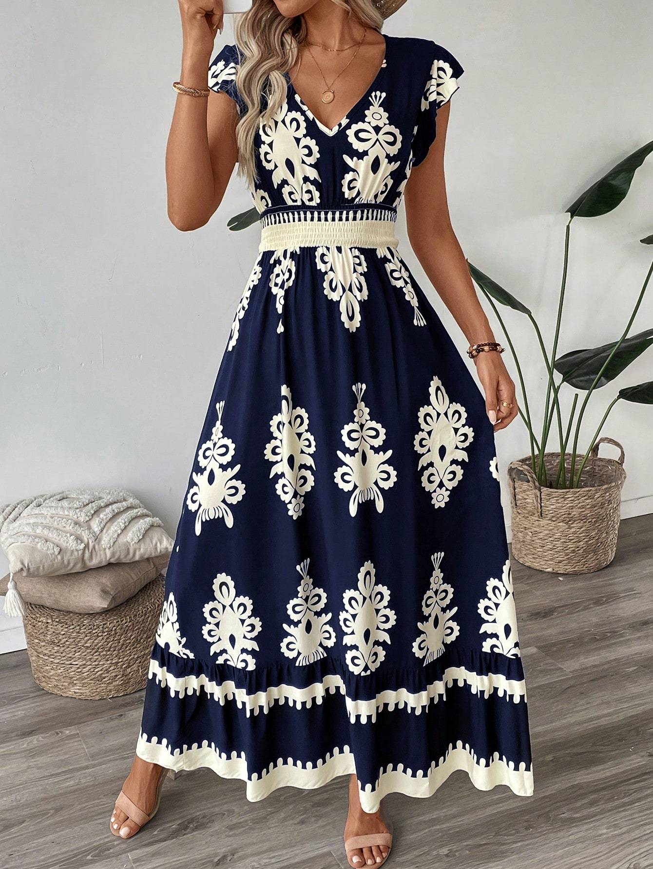 Trim Cap Sleeve Cinched Waist Ruffle Hem A-Line Dress For Women