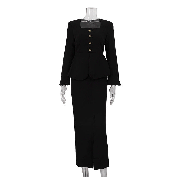 Square Collar Long Sleeve Cardigan Top Package Hip Skirt Two-piece Set