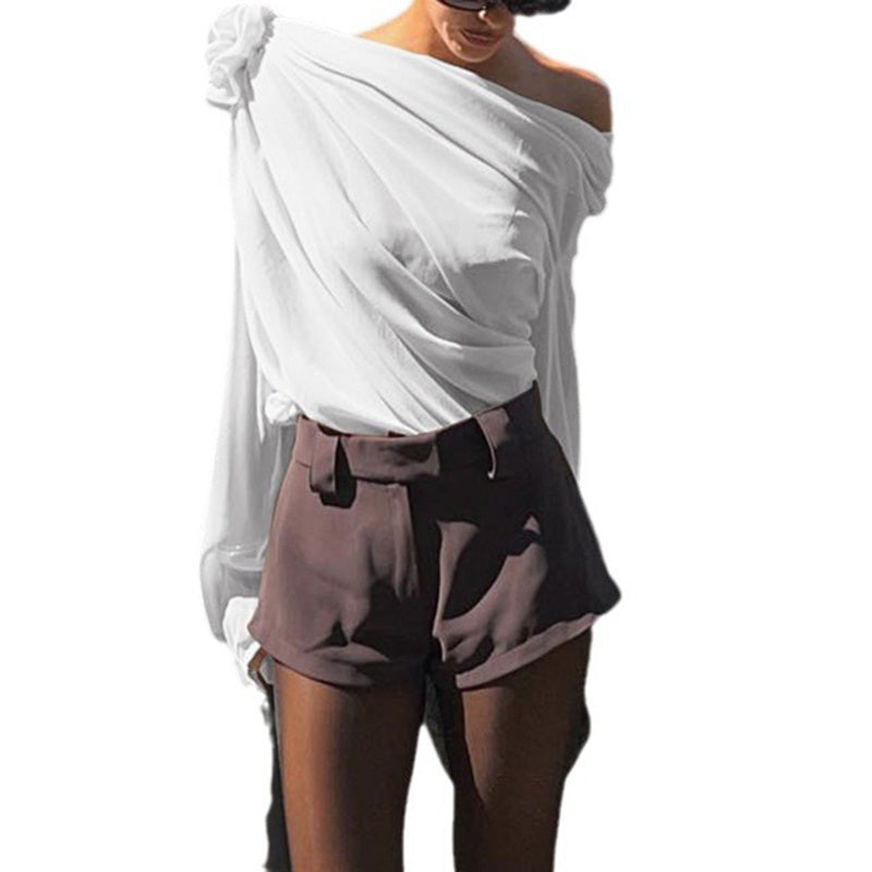 Off Shoulder Tops Elegant Long Sleeve Asymmetrical Neck Ruched Chiffon Blouse Shirts Going Out Top Y2k Shirts