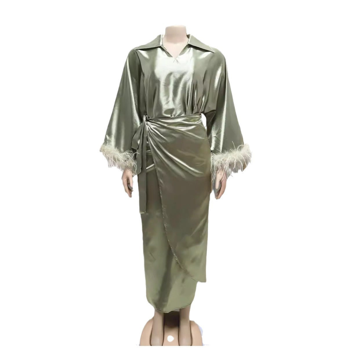 Luxurious Satin Dolman Sleeve Dress with Faux Feather Detail Muslim Feather Everyday Dress