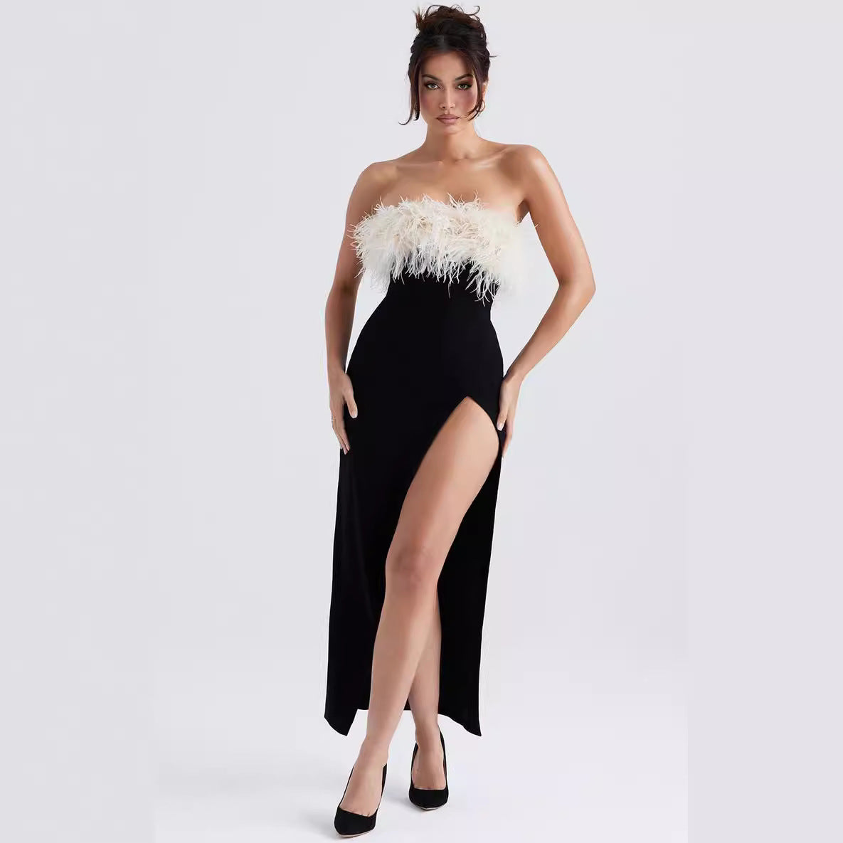 American Off-shoulder Contrast Color Ostrich Hair Tube Top High Slit Bandage One-piece Dress