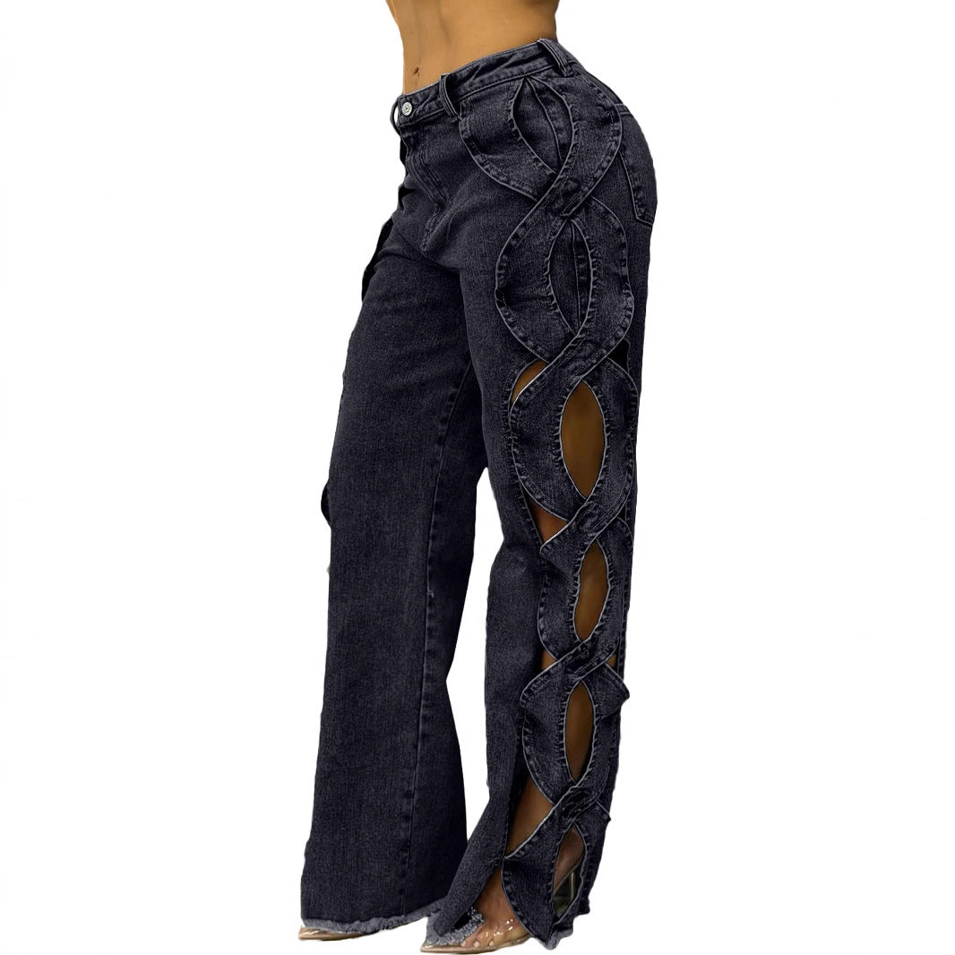 Retro Fashionable Side Hollow S Line Denim Jeans for Women's