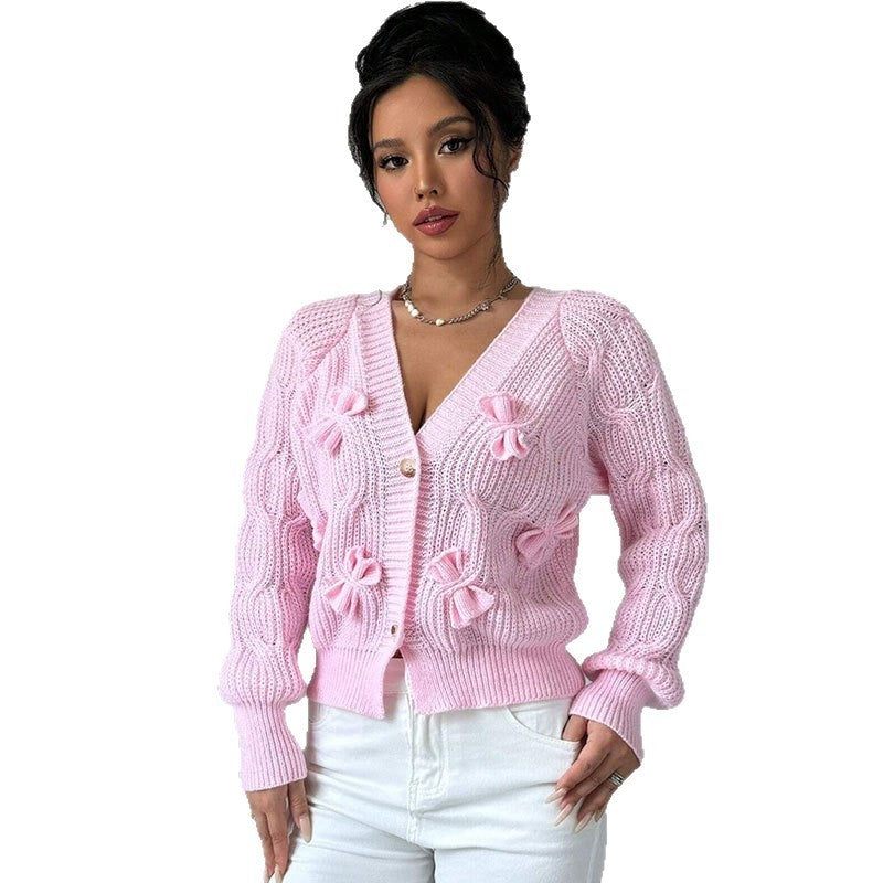 Solid Color Long Sleeve Bowknot Knitwear Cardigan Coat