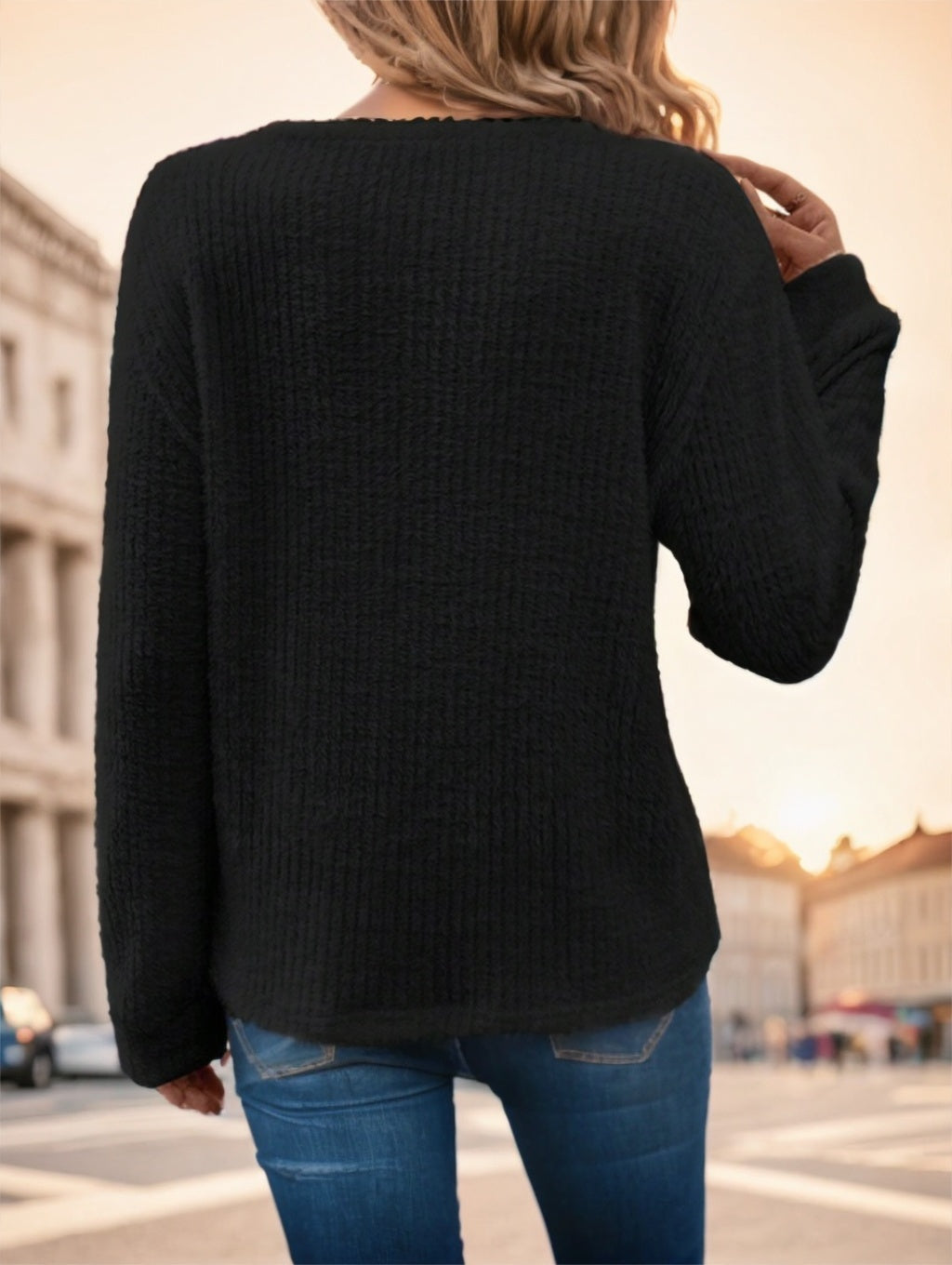 Plain Collar Rib Knit Casual Basic T-Shirt Blouse Women