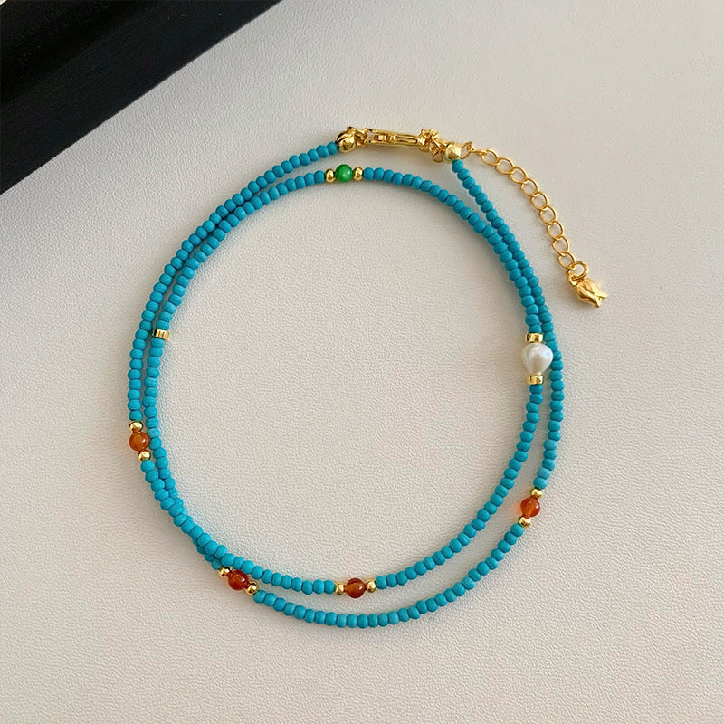 Natural Freshwater Small Pearl Turquoise Beaded Necklace