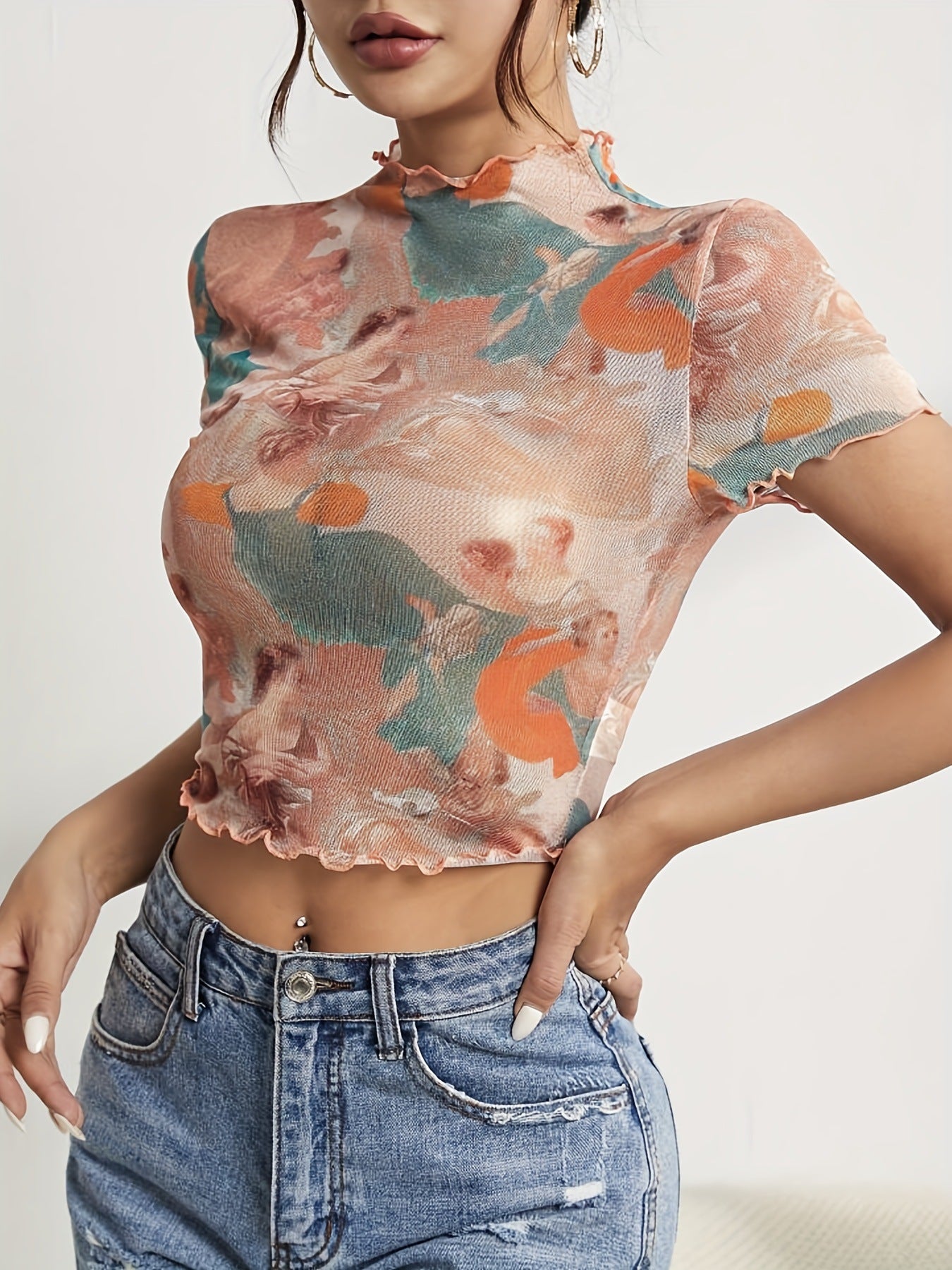 Elegant Mesh Floral Print Top Women's Clothing